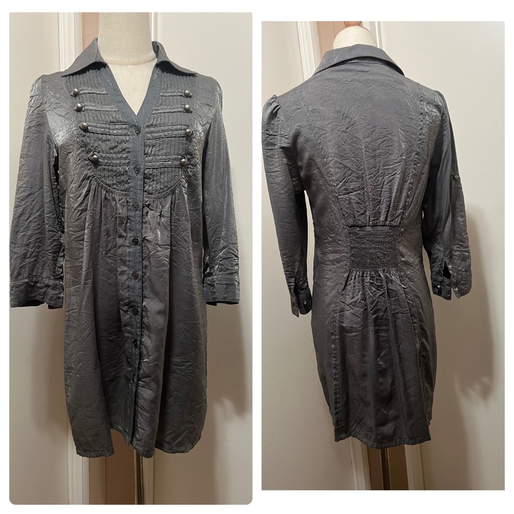 MINE Small Shirt Gray Metallic Blouse Pleated Button Front.